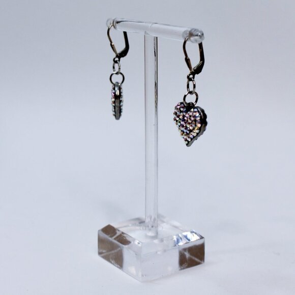 Earrings MARKED 925 STERLING SILVER Pierced Dangle Leverback Heart Rhinestone - Picture 4 of 12